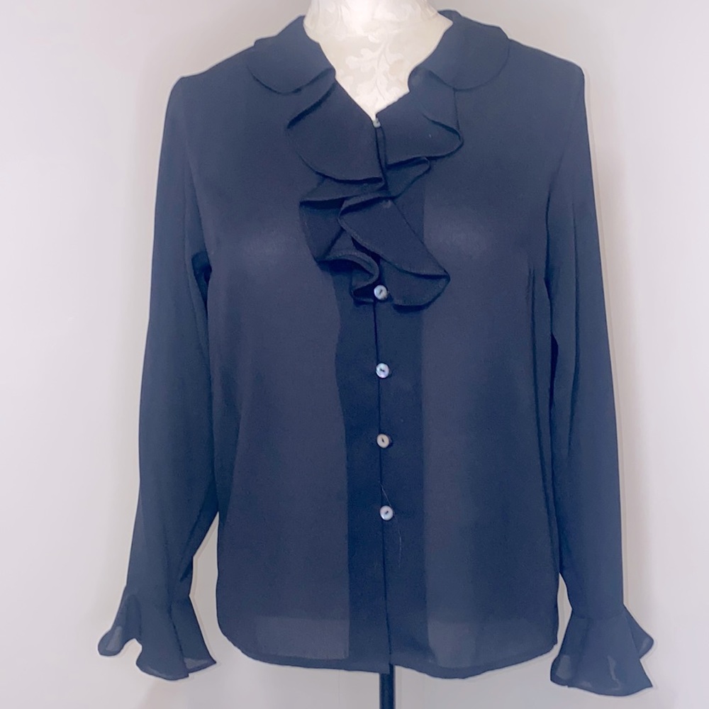 Karen Scott blouse black button down ruffled lightweight Size Small petite